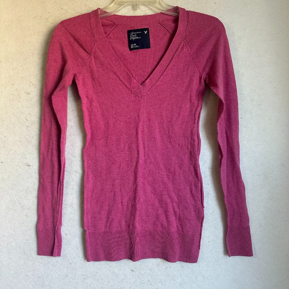 American Eagle sweater sz XS V Neck Long Sleeve body con Pink Ribbed Y2K 90s VTG